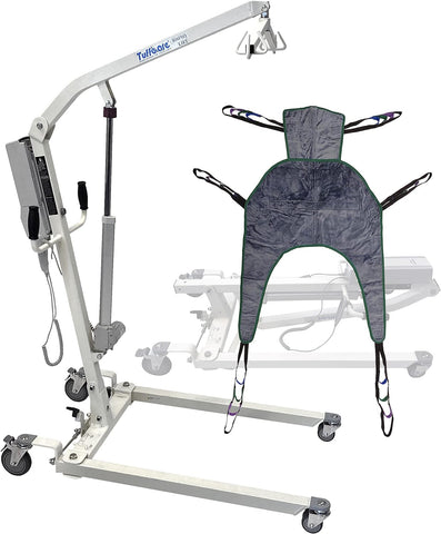 Tuffcare Electric Patient Lift - Rhino Lift with Manual Low Base - with Universal Divided Leg Sling with Headrest(Large), 450 lb. Weight Capacity. Tuffcare Electric Patient Lift - Rhino Lift with Manual Low Base - with Universal Divided Leg Sling with Headrest(Large), 450 lb. Weight Capacity.