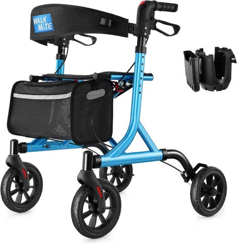 WALK MATE Rollator Walker for Seniors with Cup Holder, Upgraded Thumb Press Button for Height Adjustment, 4 x 8" Wheels Walker with Seat Padded Backrest Folding Lightweight Walking Aid, Blue WALK MATE Rollator Walker for Seniors with Cup Holder, Upgraded Thumb Press Button for Height Adjustment, 4 x 8" Wheels Walker with Seat Padded Backrest Folding Lightweight Walking Aid, Blue